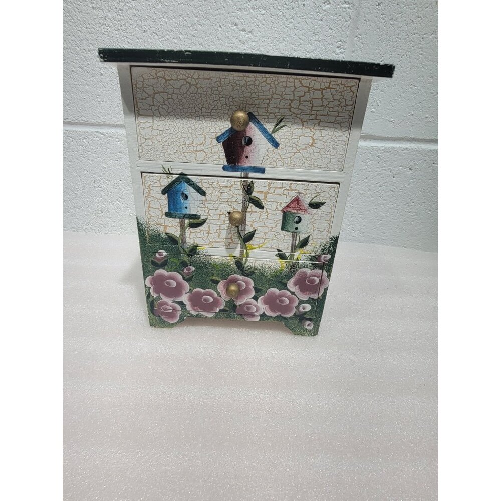 Cottage Core Painted Jewelry Chest Drawers Crackle Birds Flowers Butterfly